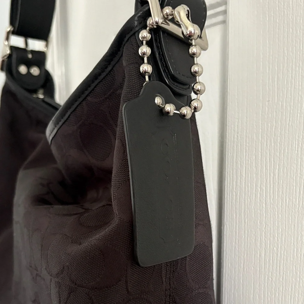 Coach Black Logo Fabric & Leather Shoulder Bag Adjustable Strap Zip Pockets